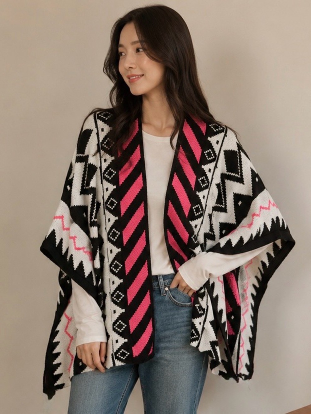 Aztec-Pattern Knit Poncho Shrug in Black, White & Pink